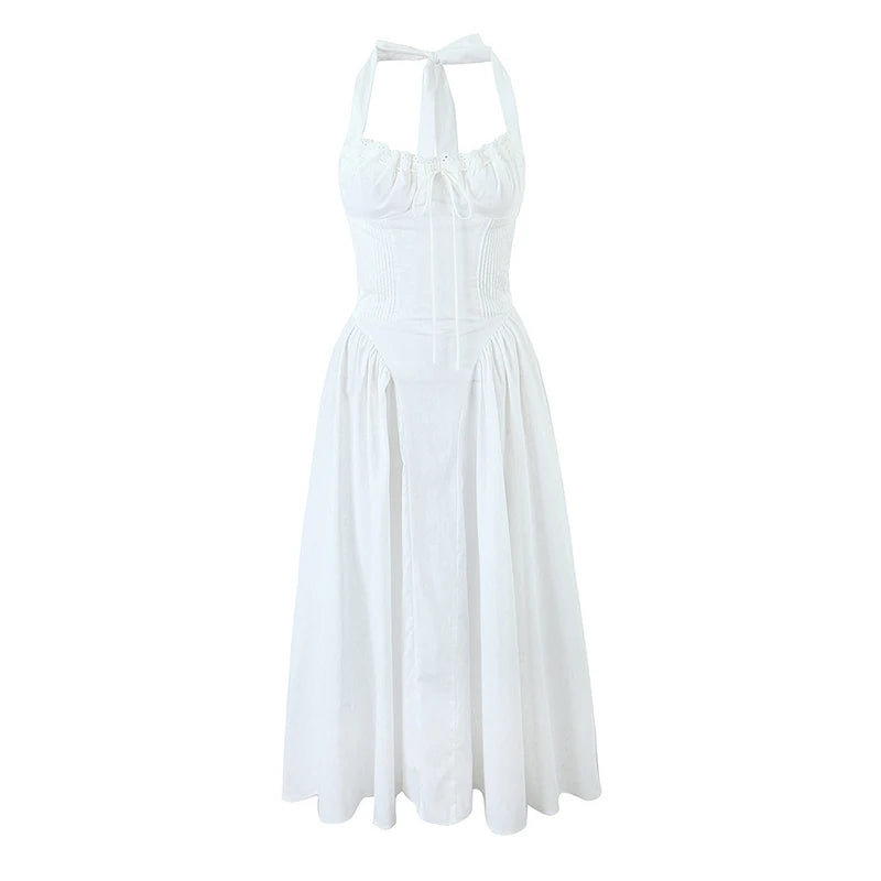 YENKYE Lace Trim Floral Print Halter Dress For Women Sexy Backless Low Waist Midi Summer Dresses Holiday Party Robe