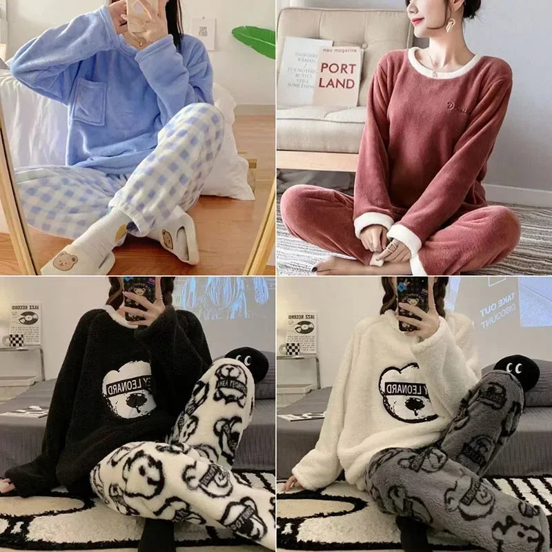 2PCS/Set Thickened Warm Flannel Plus Size Women's Pajamas Tops and Trousers Sleepwear Homewear Winter Cartoon Bear Nightwear