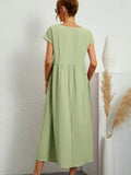 Women's Casual White Short Sleeve Midi Dress Summer Round Neck Cotton And Linen Vintage Loose Long Dresses With Pockets Y2K