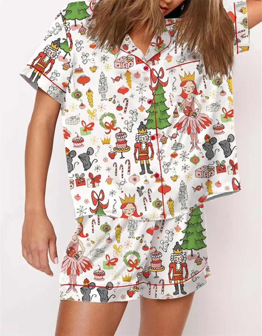 2024 Women Christmas Pajama Set Nutcracker Printed Short Sleeve Button Shirt and Shorts 2 Piece Lounge Sleepwear