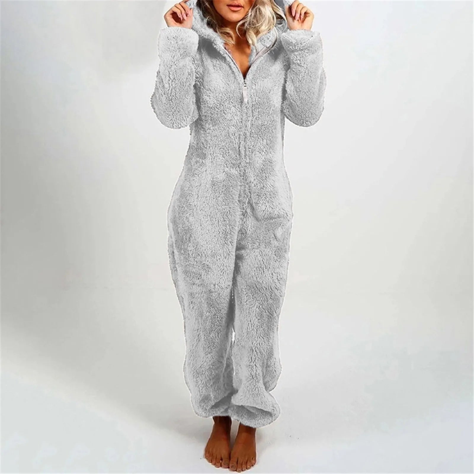 Winter Warm Sleepwear Home Clothes Cute Cat Ear Onesies Pyjamas Fluffy Fleece Hooded Jumpsuit Playsuit Pajama For Women Overalls