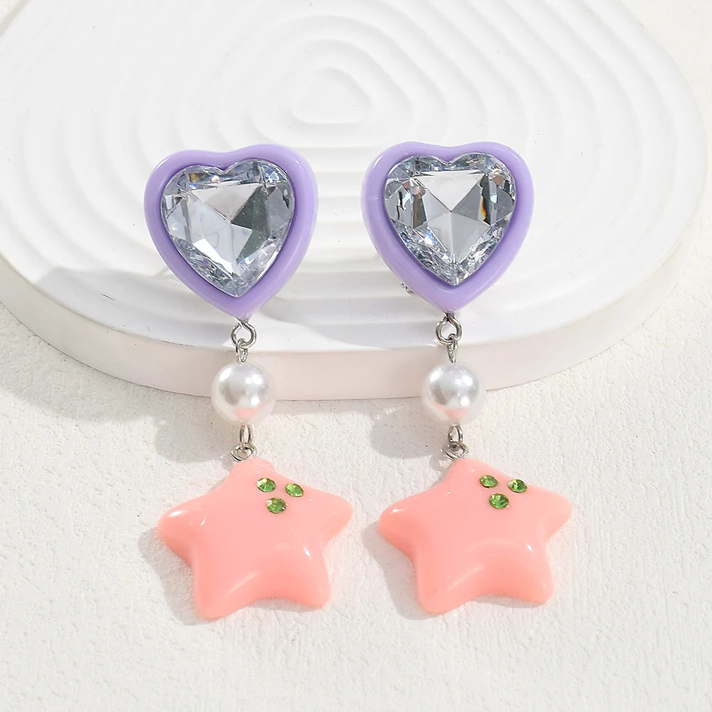 Sweet Acrylic Asymmetrical Heart Star Drop Earrings for Women Girls Cute Romantic Resin Imitation Pearl Earrings Party Jewelry