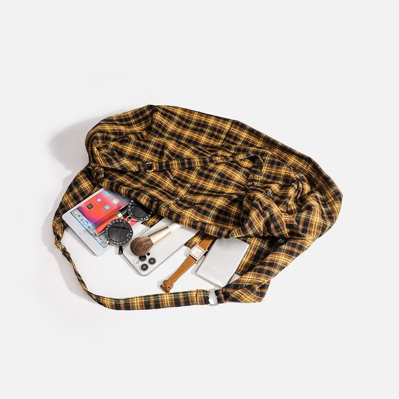 GAINNY Vintage Plaid Canvas Tote Women Large Capacity Korean Fashion Travel Shoulder Bag for Work Shopping Aesthetic Designer