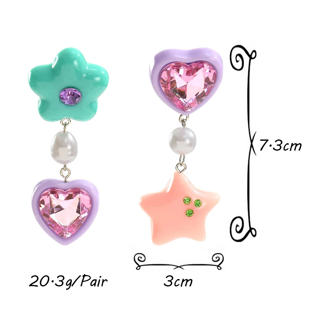 Sweet Acrylic Asymmetrical Heart Star Drop Earrings for Women Girls Cute Romantic Resin Imitation Pearl Earrings Party Jewelry