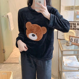 Warm Sleepwear for Winter Girl Cartoon Bear Coral Velvet Christmas Pajamas O-Neck Thickened Women Pajamas Home Wear Women Sets