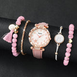 5PCs/Set Women's Flower Leather Quartz Watch Pink Bead Set