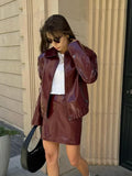 Fashion Street Burgundy Pu Leather Jacket Mini Skirt Set Women Causal Zipper Long Sleeve Coat 2024 New Female High Streetwear