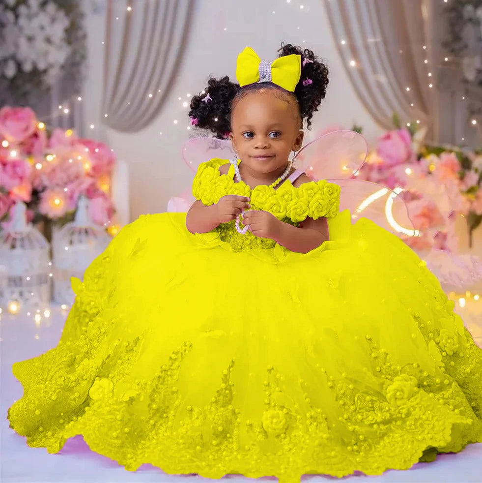Flower Girl Dresses For Wedding Luxury Pink Tulle Pearls Lace Ball Gown Princess First Communion Birthday Photos Shoot Dresses