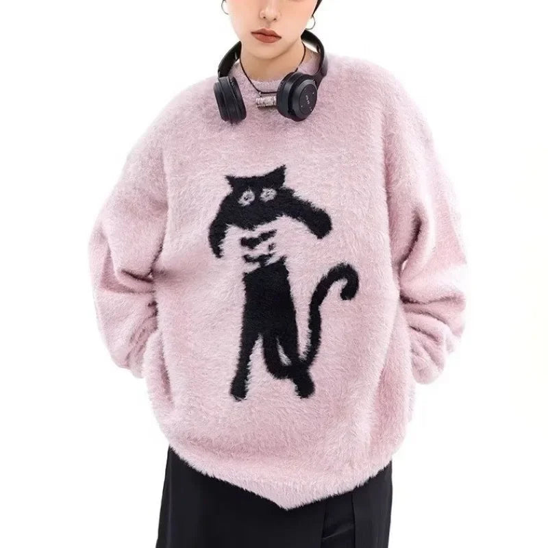 Cartoon Knitting Sweater Men Women Loose Knitted Jumpers Autumn Streetwear Harajuku Cat Pattern College Knit Pullovers Couple