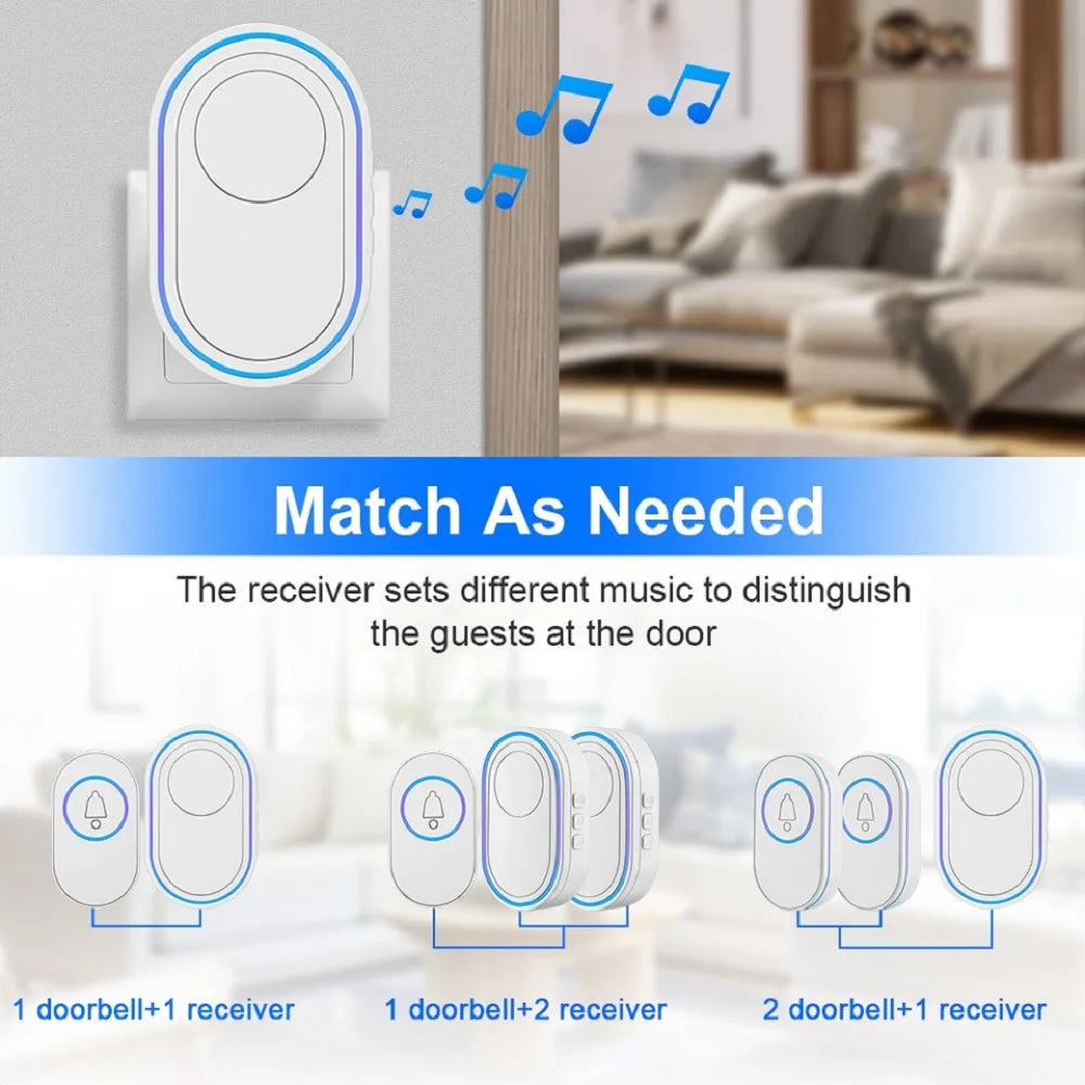 Wsdcam Wireless Doorbell Smart 39 Musics Door Bell Chime Kit LED Flash House Welcome Bell IP65 Waterproof Security Doorbell