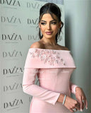 TULX Elegant Off The Shoulder Pink Evening Dresses Floor-Length Long Sleeves Elegant Straight Party Dresses Women Formal Event