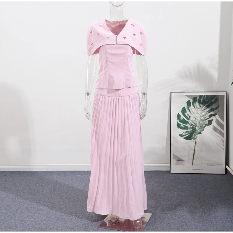 Elegant Shawl Pleated Top Long Skirt Women Set Sleeveless Tops Diamond Shawl High Waist Fashion Evening Skirts Summer Lady Suit