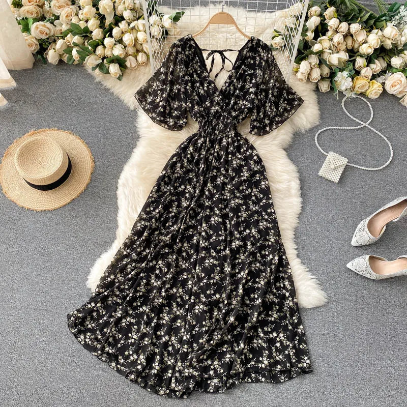 Retro Floral Print Ruffle Chiffon Elegant Midi Dress A-line V Neck Beach Vacation Dress Women Korean Fashion Summer Vestidos