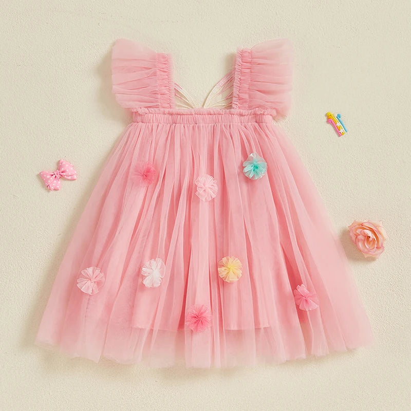 Toddler Kids Girls Princess Dress Sleeveless Sweet 3D Flower Design Tulle Tutu Dress Summer Birthday Party Pageant Dress