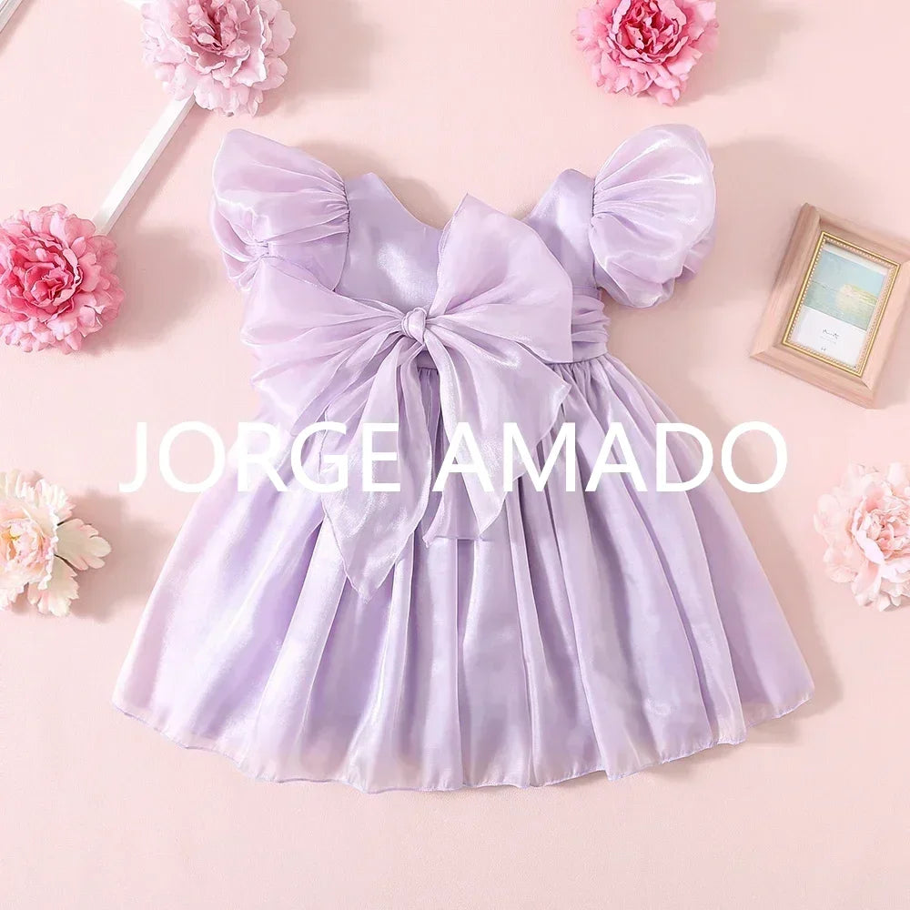 Baby Girl Summer Dress Short Puff Sleeves Large Bow Solid Round Neck Backless Princess Dresses Twins Daughter Clothing H0404