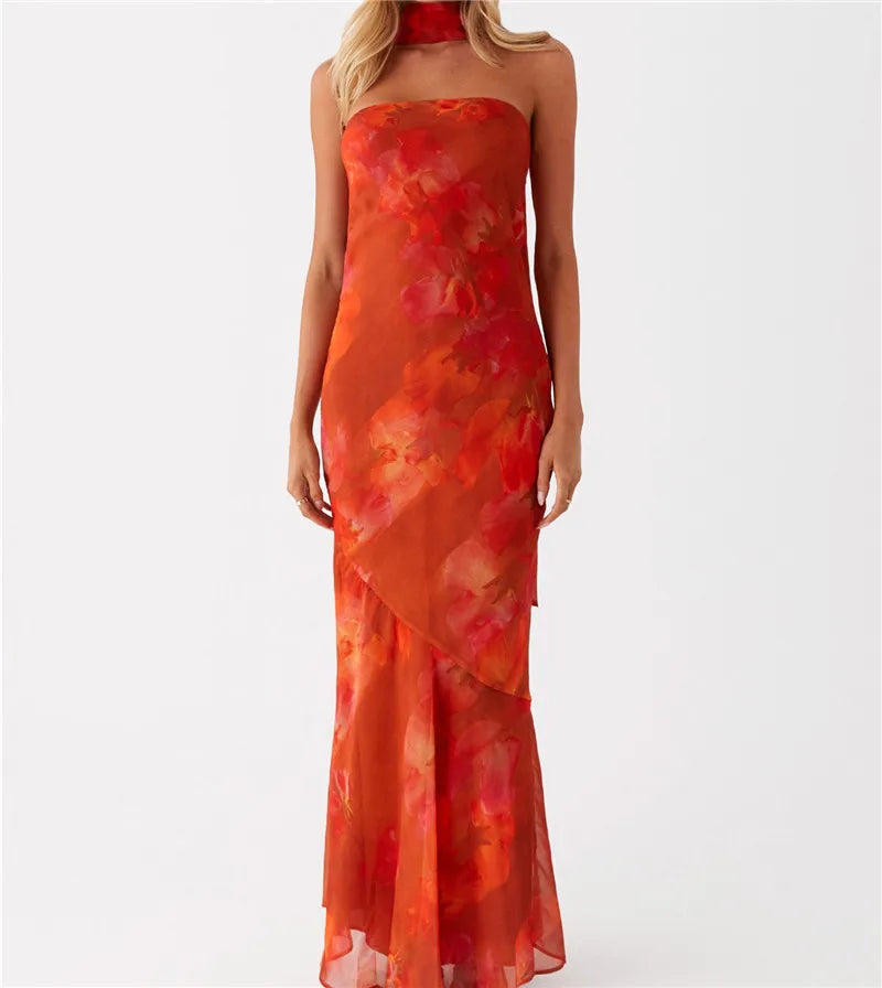 hirigin Womens Floral Strapless Dress Y2k Backless Sleeveless Tube Long Dresses Sexy Mesh Bodycon Summer Beach Party Sundress