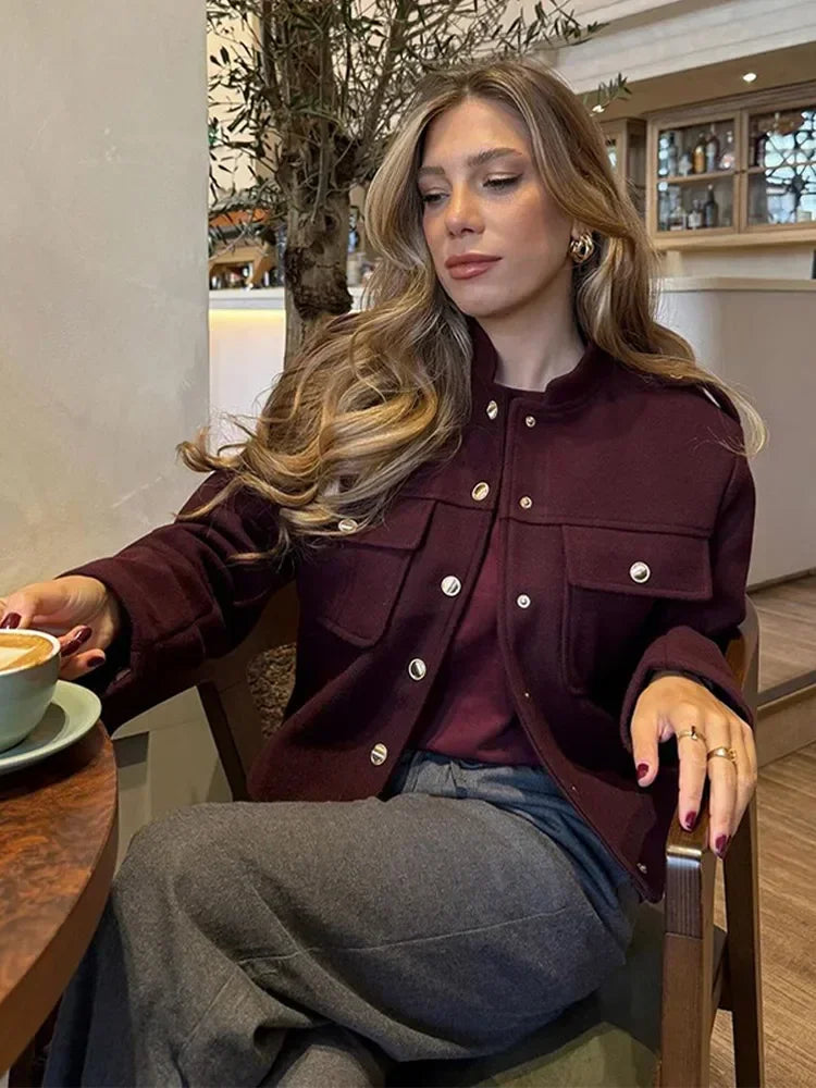 Solid Color Fashion Women Single Breasted Short Jacket Casual Female O Neck Long Sleeve Pocket Coat Autumn Lady Street Overcoat