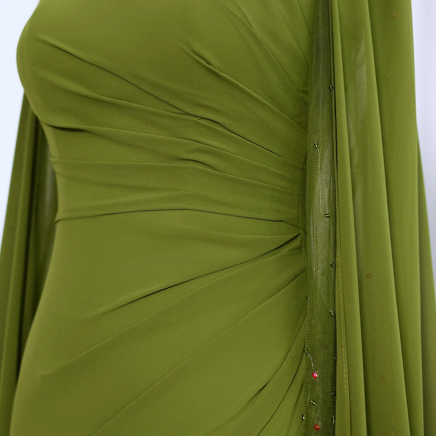 Sharon Said Custom Made Elegant Asymmetrical Sage Green Chiffon Arabic Evening Dress with Cape Sleeves For Women Wedding SF051