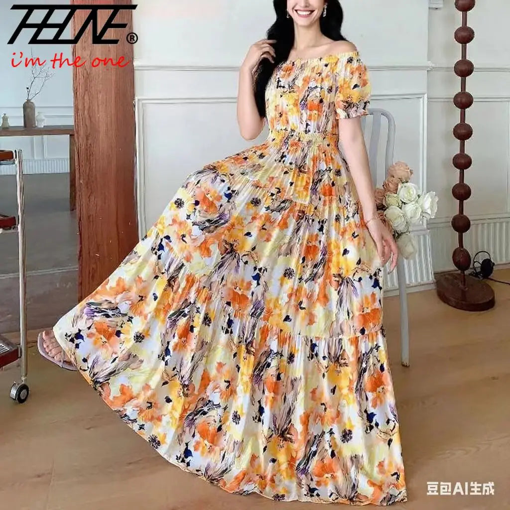 THHONE Summer Dress Women Cotton Linen Floral Vintage Oversized Korean Vestido Feminino Print Robe Off-Shoulder Casual Dresses