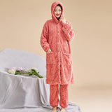 2 Pcs/Set Winter Women Bathrobe Pants Set Thick Hooded Coral Velvet Sleepwear Loose Single-breasted Robe Trousers With Pockets