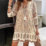 Casual Print Loose Dress For Women Fashion Long Sleeve V Neck Lace-up Vintage Pullover Dresses Lady Boho Holiday Womens Clothing