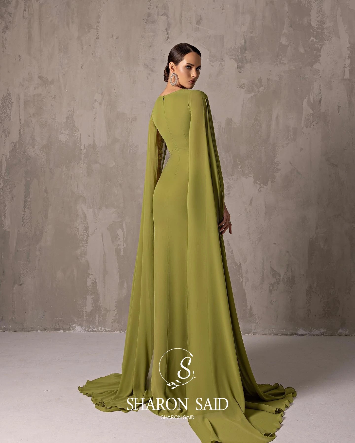 Sharon Said Custom Made Elegant Asymmetrical Sage Green Chiffon Arabic Evening Dress with Cape Sleeves For Women Wedding SF051