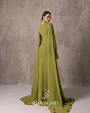 Sharon Said Custom Made Elegant Asymmetrical Sage Green Chiffon Arabic Evening Dress with Cape Sleeves For Women Wedding SF051