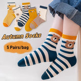 5 Pairs Children's Socks Autumn Calf Cotton Socks Kids Boys Cartoon Bear Socks Spring Autumn Sock