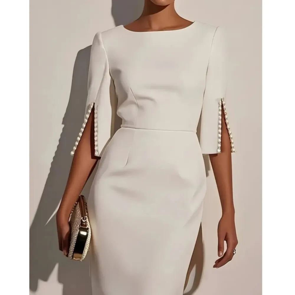 Elegant Round Neck Half Sleeved Beaded Mid Length Dress New Spring Summer Solid Color Commuting Slim Fit Dress Women's Wear