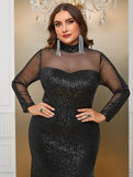 Party Dresses Plus Size Women Sequins Lace Splicing Black Elegant Evening Dresses Long Sleeve Large Fashion Lady Banquet Dress