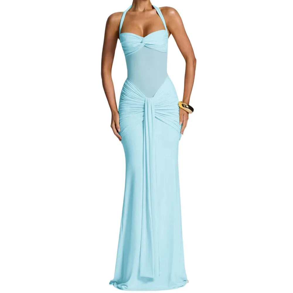 Women Evening Party Long Maxi Dress Elegant Mesh Patchwork Backless Slim Pleated Ribbon Tulip Vestidos OUFY-EYS250732
