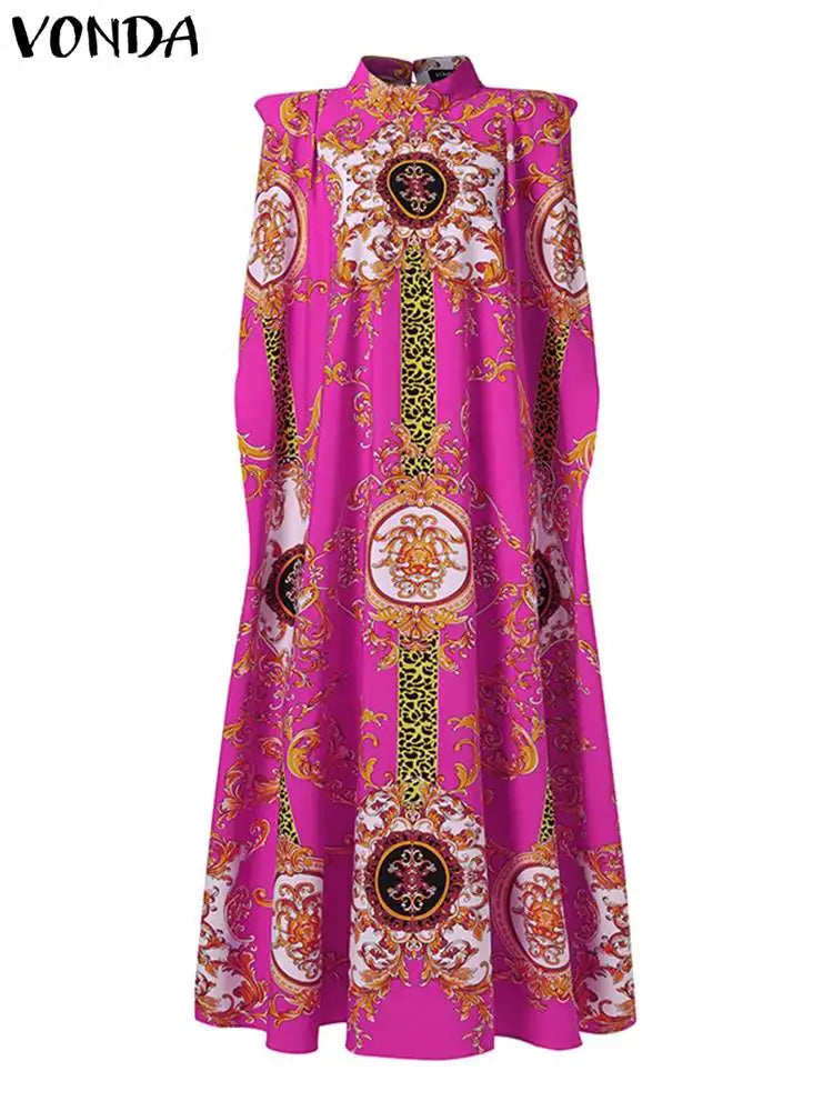 Plus Size VONDA Party Dress 2023 Women Bohemian Printed Stand Collar Sleeveless Maxi Dress Casual Bat Sleeve Long Robe