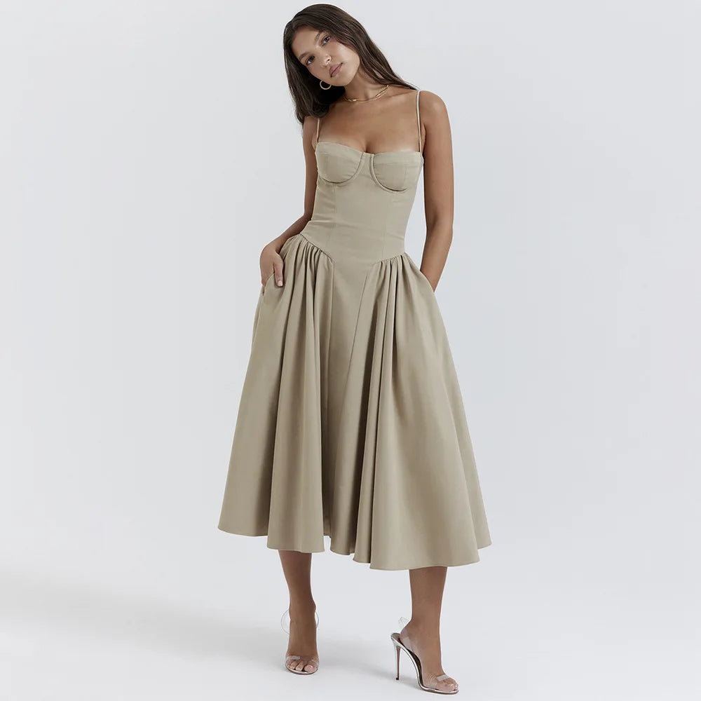 Summer Women Elegant Sleeveless Backless Pleated Dresses Lady Sexy Solid Sling Midi Dress 2024 Female Party Evening A-line Robes