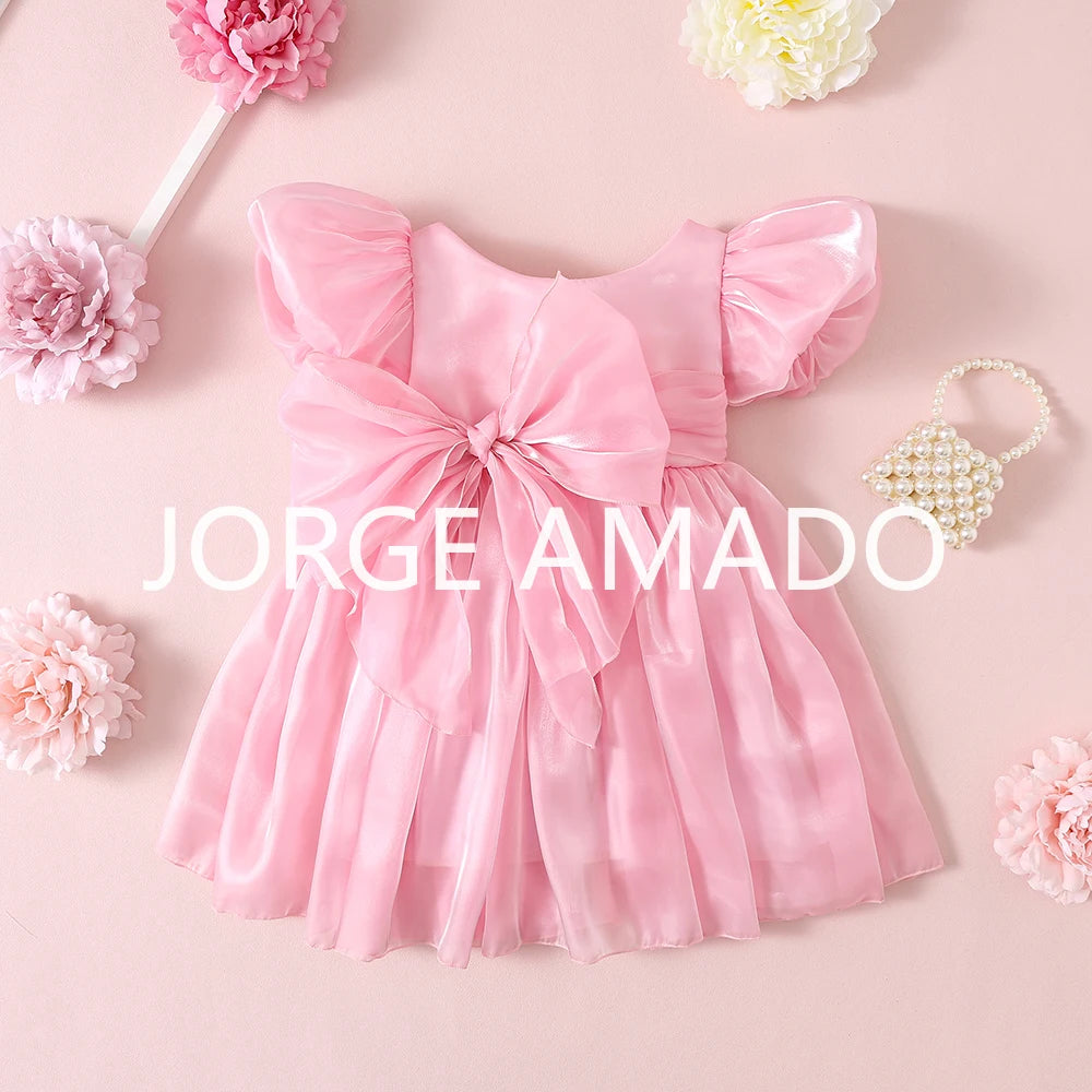 Baby Girl Summer Dress Short Puff Sleeves Large Bow Solid Round Neck Backless Princess Dresses Twins Daughter Clothing H0404