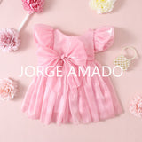 Baby Girl Summer Dress Short Puff Sleeves Large Bow Solid Round Neck Backless Princess Dresses Twins Daughter Clothing H0404