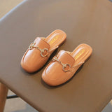 Girl's Slippers Stylish Metal Chain Pu Leather Slip-on Summer Kids Sliders Cover Toe 26-36 Four Colors Luxury Girl's Sandals