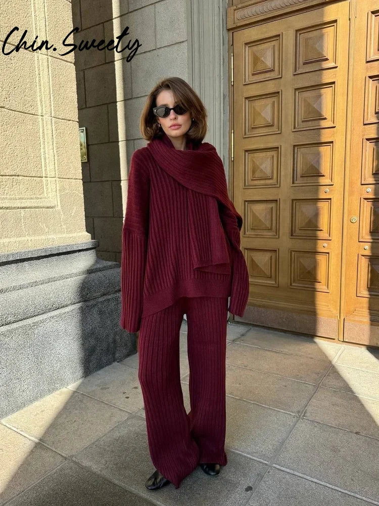 Casual Solid Knit Sweater Pants Set With Scarf Women Lazy V-neck Long Sleeve Pullover Wide Leg Trouser 2024 Autumn Lady Suit