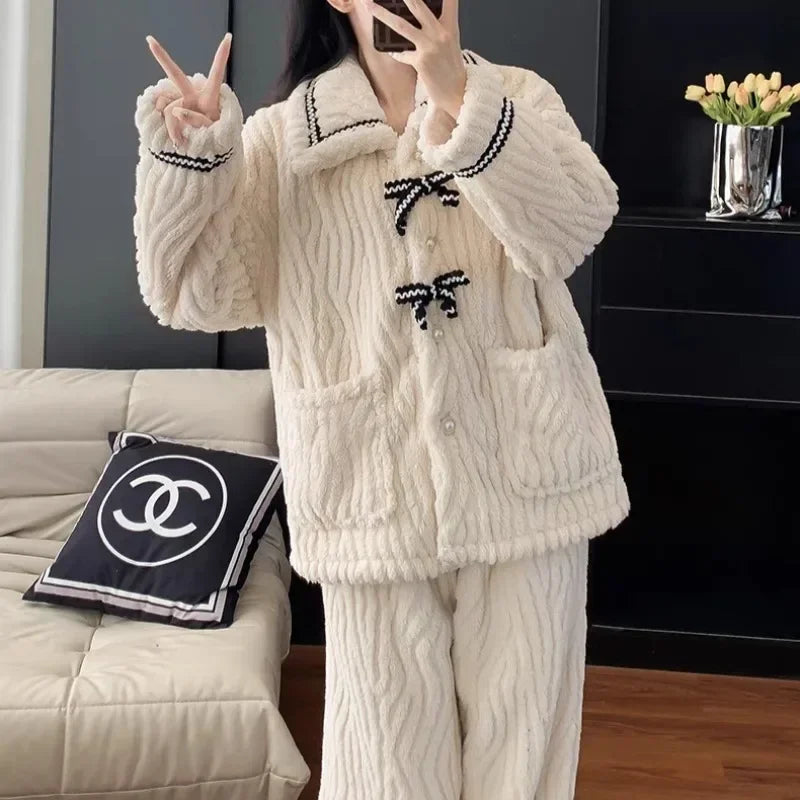 Women's Flannel Pajamas Set Autumn Winter Long Sleeve And Long Pants Sleepwear 2 Piece Set For Women Home Sweet Loose Pajamas