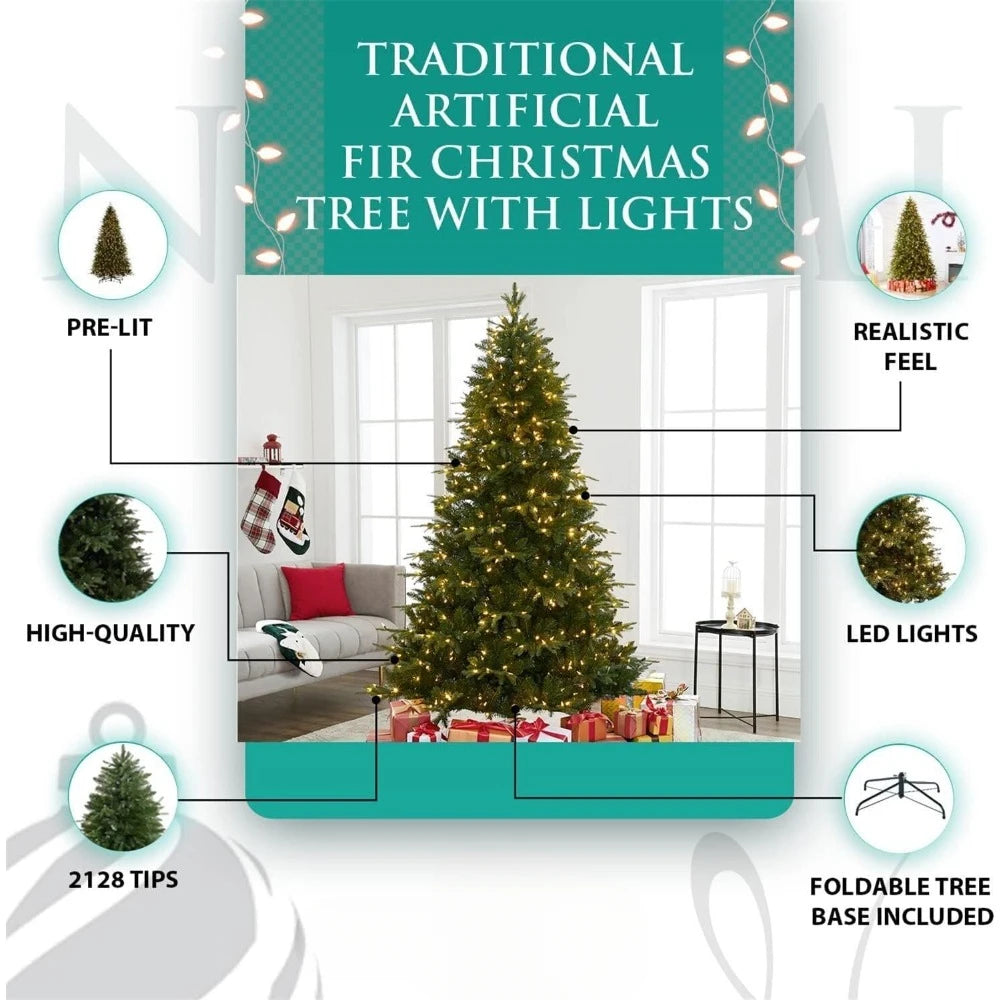 9ft Christmas Tree with Lights, Realistic Fir Christmas Tree Prelit with 2532 Branch Tips, 900 Warm Lights and Metal Stand