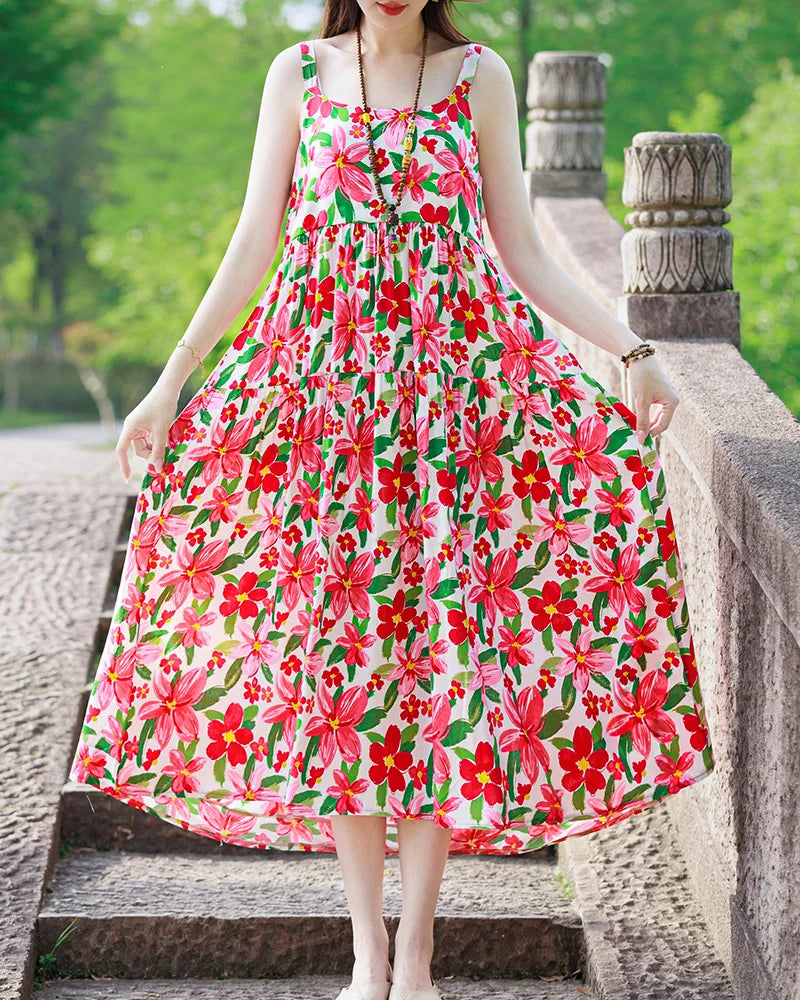 New Fashion Casual 2025 Summer Elegant Dresses For Women O-Neck Print Vintage Sleeveless Dress Loose Women Clothing