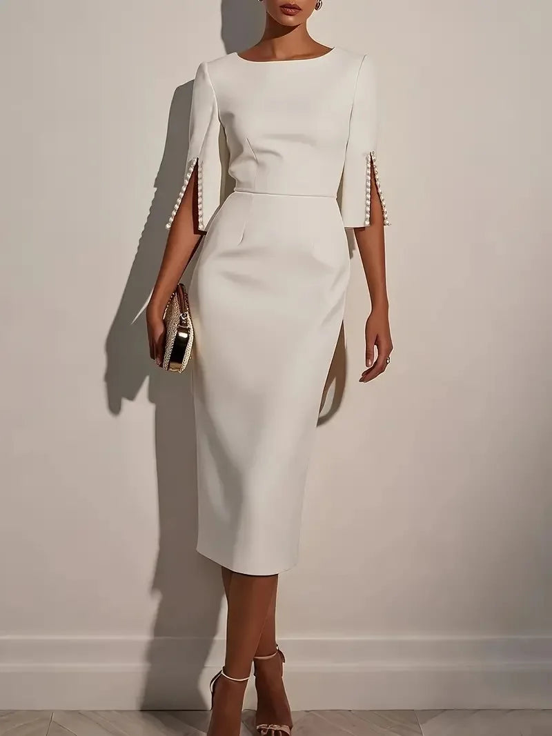 Elegant Round Neck Half Sleeved Beaded Mid Length Dress New Spring Summer Solid Color Commuting Slim Fit Dress Women's Wear