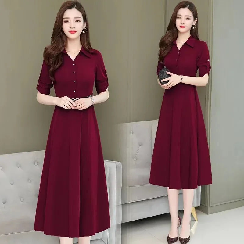 Medium-Length Polo Collar Dress Women's Spring New Style Korean Fit Waist-Gathered Elegant Wide Lady Plus Size Long Sleeve Simpl