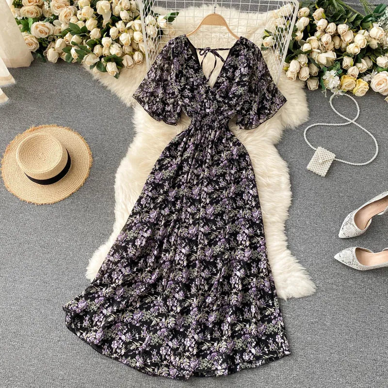 Retro Floral Print Ruffle Chiffon Elegant Midi Dress A-line V Neck Beach Vacation Dress Women Korean Fashion Summer Vestidos