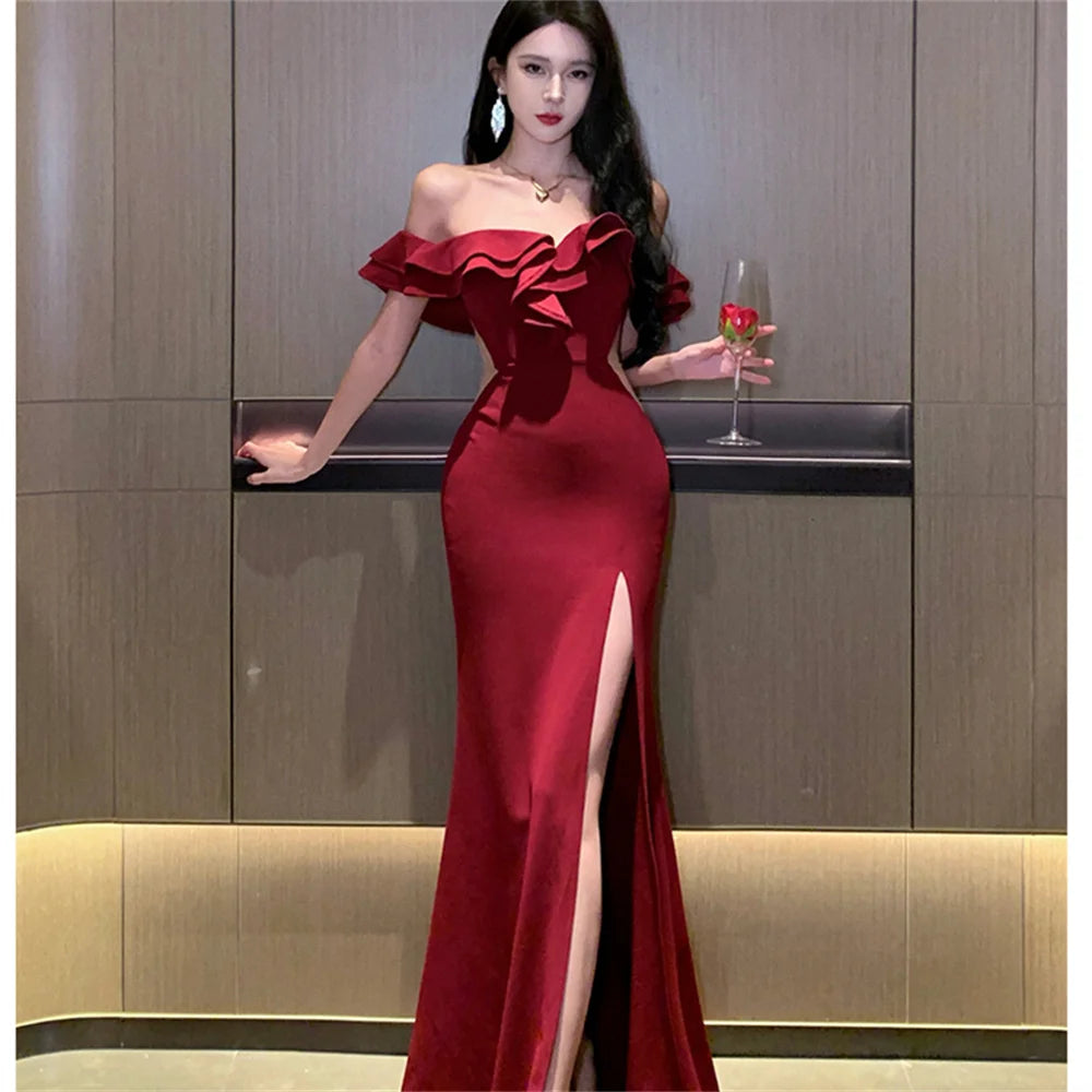 Red Sexy Backless High Waist Split Ruffles Package Hip Dress Elegant Off Shoulder Party Evening Dresses Women 2025 Summer Dress