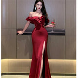 Red Sexy Backless High Waist Split Ruffles Package Hip Dress Elegant Off Shoulder Party Evening Dresses Women 2025 Summer Dress