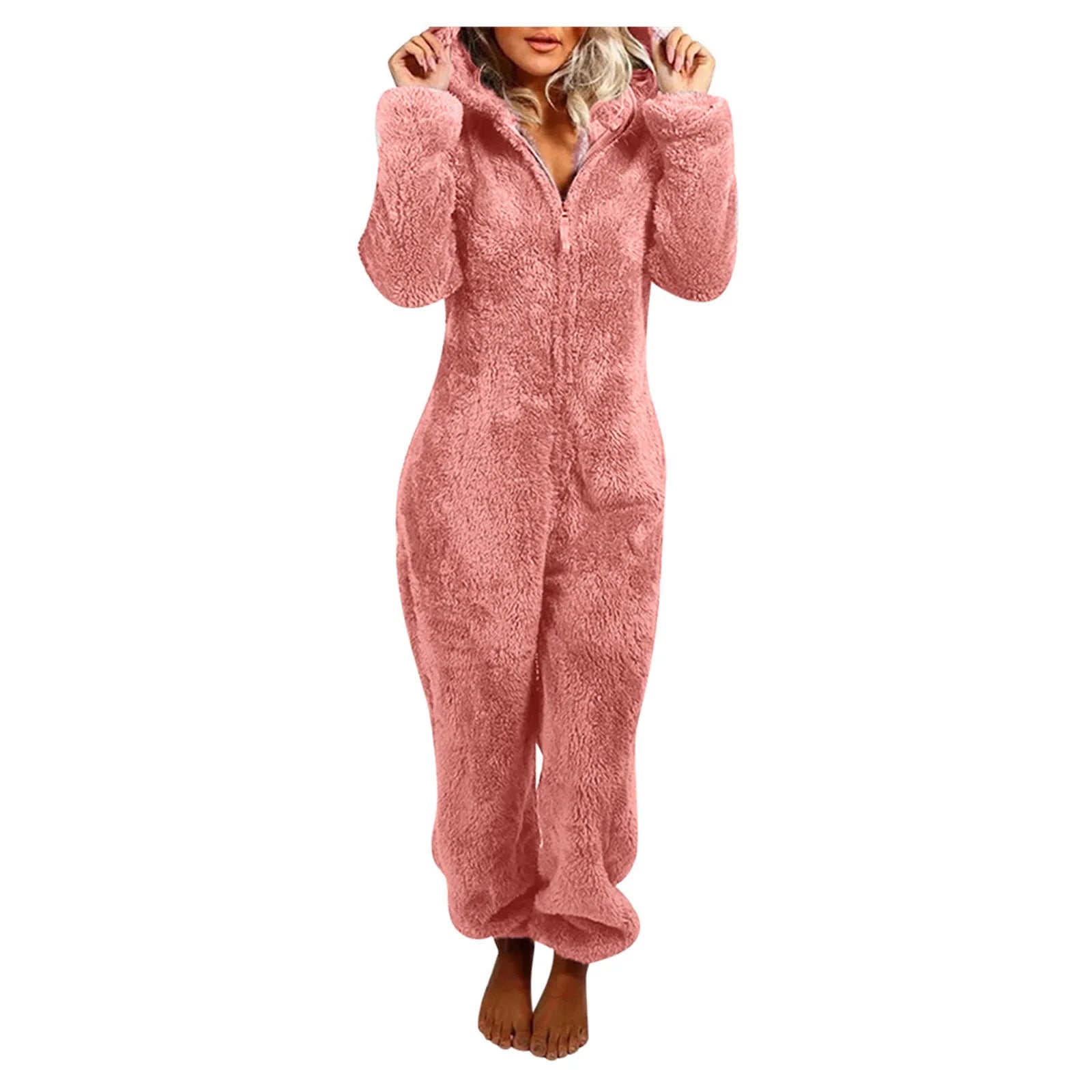 Winter Warm Sleepwear Home Clothes Cute Cat Ear Onesies Pyjamas Fluffy Fleece Hooded Jumpsuit Playsuit Pajama For Women Overalls