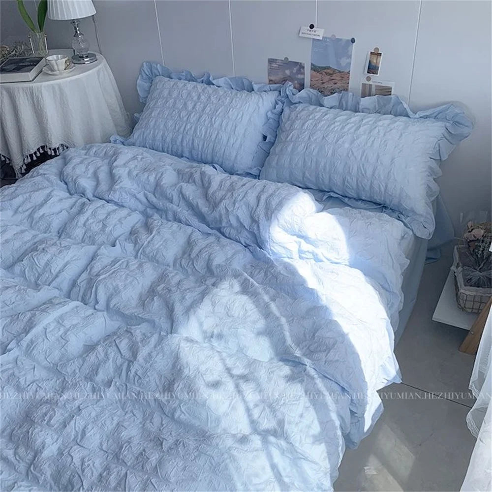 Quilt Cover INS Girl Blue Solid Color Seersucker Ruffles Lace Bedding Set Kawaii  Soft Sheet Woman Duvet Cover Pillow Covers