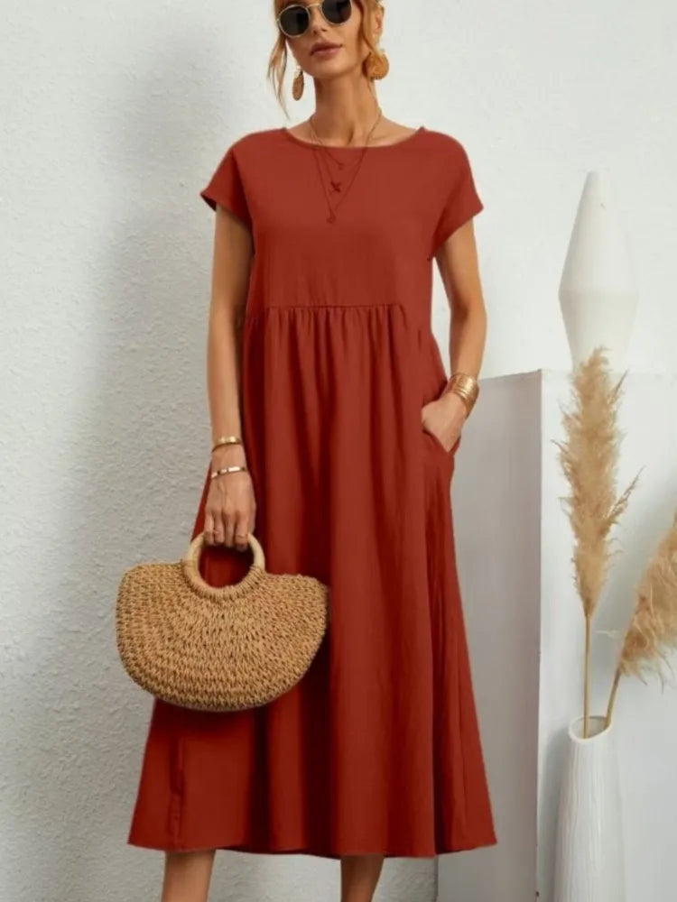 Women's Casual White Short Sleeve Midi Dress Summer Round Neck Cotton And Linen Vintage Loose Long Dresses With Pockets Y2K