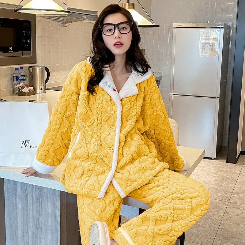 Coral Fleece sleepwear For women Autumn Winter Button Thicken Flannel Long sleeved Warm Flannel Home clothes Women Pajamas Sets