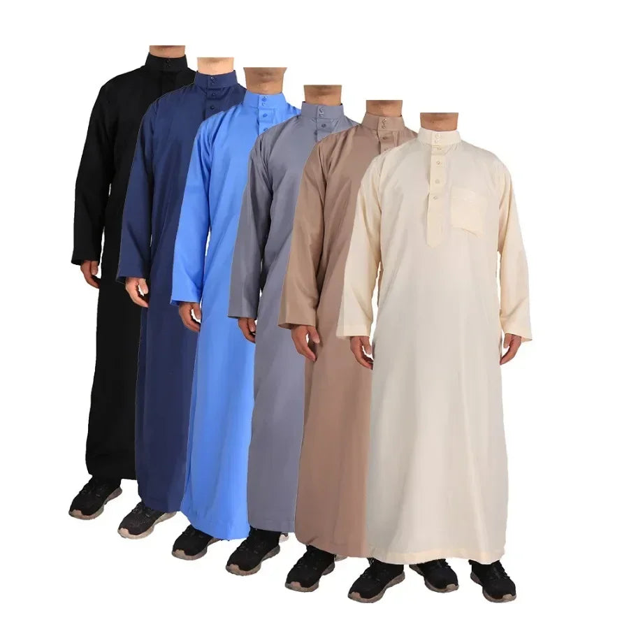 2024 Men's Muslim Fashion Long Sleeve Abayas Saudi Arabic Solid Color Loose Kaftan Modest Robe Men Musulman Costumes Jubba Thobe